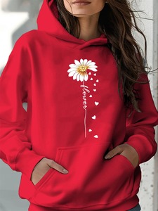Sudadera con capucha de manga larga de terciopelo con estampado de girasoles, cálida y holgada, informal, para otoño e invierno para mujer - Product Image 5