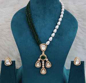 Collier long en moissanite polki et pierre doublette avec de magnifiques boucles d'oreilles, qualité supérieure, idéal pour les soirées, port minimal - Product Image 3