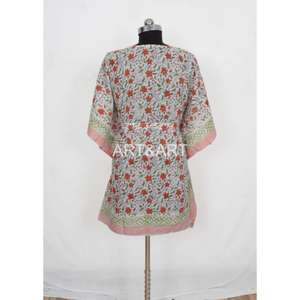 Estampado floral coreano con cuello en V elegante caftán corto de algodón cubrir verano playa 100% algodón encaje decoración cintura Natural - Product Image 3