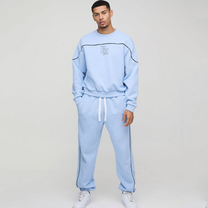 Logo personnalisé surdimensionné Boxy BM passepoil O cou imprimé respirant et durable sweat-shirt et sweat à capuche pantalons de survêtement survêtement ensemble pantalon cargo - Product Image 1
