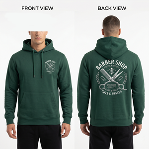 เสื้อฮู้ดบาร์เบอร์ชาย 380 GSM ผ้าฝ้ายผสมโพลีเอสเตอร์สีเขียวฟอเรสต์ พิมพ์ลายโลโก้ตามสั่ง เสื้อพูลโอเวอร์สตรีทแวร์ - Product Image 1