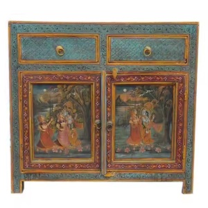 Aparador pintado a mano Krishna, aparador tradicional pintado a mano de madera, muebles de sala de estar, armario de almacenamiento con 2 cajones - Product Image 1