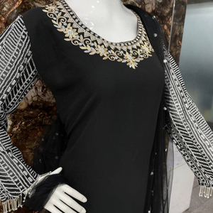 Designer Sequence <b>Black</b> Ethnic Style Kurti With <b>Pant</b> and Dupatta Set, Georgette <b>Work</b> Suit, Fully Stitched Beautiful Dress - Product Image 1