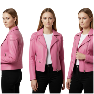 Chaqueta de Motociclista de Cuero Rosa para Mujer, Diseños de Hebillas Personalizados, Precio de Fábrica al por Mayor, Chaqueta de Moda para Mujer Estilo Motero Genuino - Product Image 1