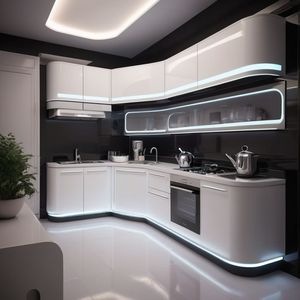 Cuisine modulaire incurvée de luxe avec finition blanche brillante, éclairage LED et style intérieur contemporain haut de gamme - Product Image 6