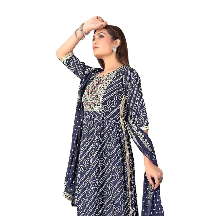 Bollywood Fashioned Bandhani Georgette con stola lunga Shalwar Kameez Sith ricamata dorata