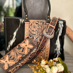 New Western Handcrafted Tooled Cowhide Fur Leather <b>Handbag</b> Women's Stylish Shoulder Bag and Hand Carved Purse <b>Unique</b> Combo Set - Product Image 2