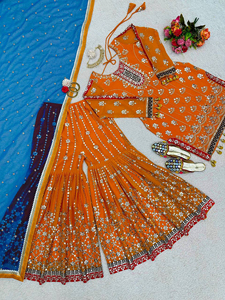 Pesado Faux Georgette tela Sharara traje Gharara Dupatta indio paquistaní étnico vestido ocasión especial bordado pesado para - Product Image 4