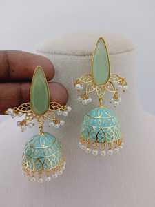 Gold Teardrop Stone <b>Jhumka</b> Blossom <b>Earrings</b> Set Smooth and Glossy with Unique Bezel Frame Ornamentation Fashion Drop <b>Earrings</b> - Product Image 4