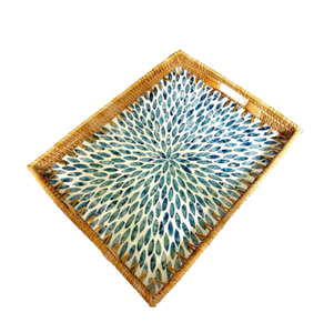 Plateau rectangulaire en rotin artisanal en gros avec incrustation de nacre, plateau de service décoratif tissé naturel, fabriqué au Vietnam - Product Image 4