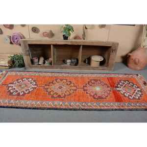 Alfombra turca Vintage clásica naranja rojo 3.1x9.7ft área grande lana látex respaldo Patchwork patrón para adolescentes pasillo habitación alfombra - Product Image 4