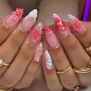 Хит продаж, миндальный французский Нейл-арт ручной работы, 3D розовый цветок, 10 шт., высококлассный, чисто резной, окрашенный в ABS искусственный гроб на шпильке - Product Image 2