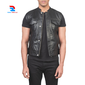 Chaleco de motorista de cuero de oveja genuino para hombre con cuello levantado bolsillo frontal cremallera camiseta Casual invierno trabajo calle prendas de vestir exteriores - Product Image 1