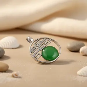 "Platinum Rhodium-Plated Geometric Pendant <b>Necklace</b> for Women with <b>Emerald</b> & Zircon Gemstones" - Product Image 2