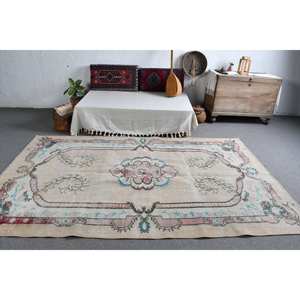 Alfombra turca vintage Beige 5,5 X 9.1ft Tejido plano de lana con patrón de retazos para decoraciones de sala de estar - Product Image 3