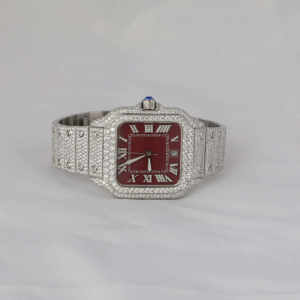 Montre de luxe classique avec cadran rouge personnalisé, entièrement sertie de diamants en moissanite, en acier inoxydable, avec cadran en verre, date, chiffres romains - Product Image 1