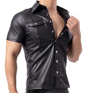 Camisas de Cuero para Hombre, Cuello Alto, Estilo Urbano, Ropa de Discoteca, Sexy, Aspecto Mojado, Camisetas con Botones - Product Image 5