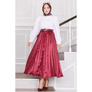 Jupe midi plissée en satin bordeaux avec pierres imprimées et brodées numériquement XS Style droit formel respirant Long garçon - Product Image 3