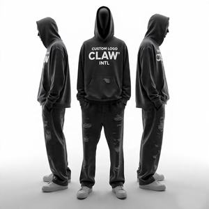 Sudadera con capucha y pantalones de chándal holgados de gran tamaño con hombros caídos de lana de algodón de peso pesado al por mayor personalizados para hombres - Product Image 6