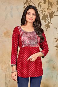 เรยอนพิมพ์ลายทองพร้อมชุดงานเย็บปักถักร้อย Kurtis สําหรับผู้หญิงขายออนไลน์ - Product Image 5