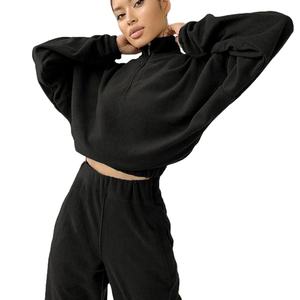 2023 femmes velours costume ensemble sweat fermeture éclair col fermeture éclair et col haut costume décontracté 2 psc ensemble tenues - Product Image 1