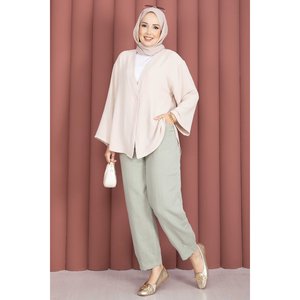 Pantalones Casuales Color Menta con Cintura Elástica, Pierna Ancha, Transpirables, Opciones de Cintura Alta, Media y Baja, Bolsillos, Efecto Arrugado - Product Image 1