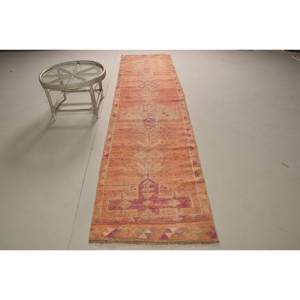 Vintage <b>Rug</b>, <b>Runner</b> 2.8x11.6 ft Turkish <b>Rug</b>, Orange Pink Check Wool <b>Rug</b> - Product Image 1