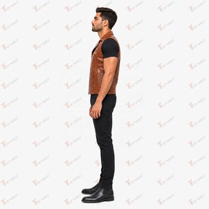 Chaleco de Motociclista de Cuero Sintético Marrón para Hombre, Marca Tiierwear, con Cierre Frontal, Color Sólido, Cuello Camisero, Estilo Otoñal - Product Image 4