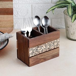 Decorative Wooden <b>Cutlery</b> Holder With Floral Carvings Perfect For Enhancing Dining Room Ambiance And Table Setting - Product Image 1