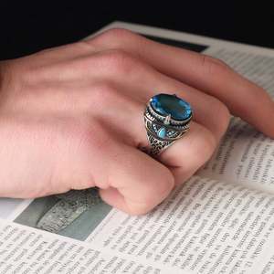 Vente en gros d'anneaux pour hommes Azuris VALKH1101 en argent sterling 925 de style ottoman, pierre naturelle agate, fabrication artisanale en Turquie - Product Image 3