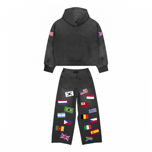 Chándal de Invierno Personalizado de 350 GSM, 100% Algodón, Transpirable, con Parche de Chenilla Negra Bordada, Sudadera con Capucha y Pantalones, OEM ODM - Product Image 2