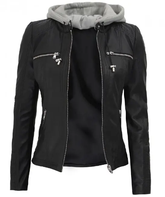 เสื้อแจ็คเก็ตหนัง Cafe Racer สีดําสตรีสไตล์ลําลอง - เสื้อแจ็คเก็ตผู้หญิงระบายอากาศแบบถอดได้จากปากีสถาน