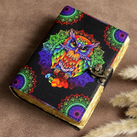 Couverture de carnet en cuir véritable imprimée mandala hibou coloré, faite à la main, avec bord festonné, carnet d'écriture artistique unique, cadeau idéal pour la fête des mères