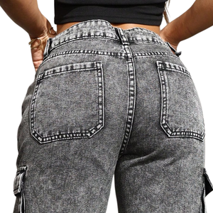 Jean cargo décontracté pour femme, taille mi-haute, coupe régulière, en denim délavé, 100% coton, respirant, séchage rapide, style streetwear uni - Product Image 4