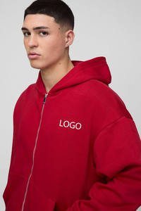 ชุดวอร์มแนวสตรีทใช้ได้ทั้งชายและหญิงมีซิปมีฮู้ดและกางเกงบูตทรงหลวมสีแดงโอเวอร์ไซส์ออกแบบโลโก้ได้ตามต้องการ - Product Image 3