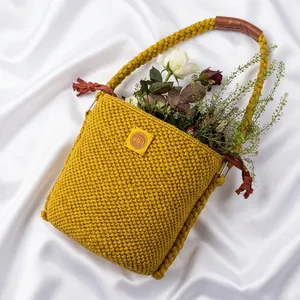 Ana Crochet Bucket <b>Bag</b> Women Bohemian Drawstring Handbag Yellow Cotton Lining Single <b>Strap</b> Durable Daily Use - Product Image 3