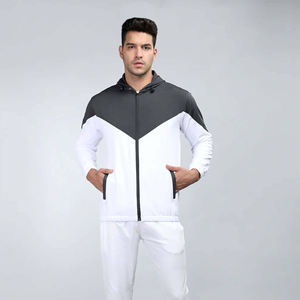 Conjunto Deportivo de Invierno para Hombre, Color Blanco y Gris, Chaqueta con Capucha y Cremallera, Pantalones de Felpa, 100% Algodón, Ropa Deportiva de Entrenamiento, Conjunto de Dos Piezas - Product Image 4