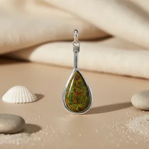 Pendentif en argent 925 avec unakite pour femmes, plaqué or rose et rhodium, pierre précieuse de forme émeraude, cadeau de bijoux avec pendentifs à breloques - Product Image 2
