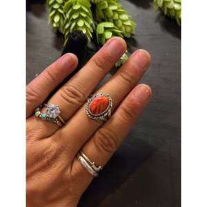 Navajo-Made Spiny Oyster & Sterling <b>Silver</b> Boho <b>Statement</b> <b>Ring</b> Geometric Cut Gemstone with Smooth Coral Everyday Wear - Product Image 2