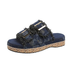 New Women Denim Buckle Espadrille Platform Slides Wholesale Bulk Custom <strong>Ladies</strong> Frayed Edge Platform Sandals for Summer Beach - Product Image 1