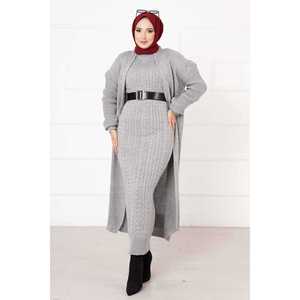 Conjunto Casual de Dos Piezas en Gris Claro, Tejido de Lana con Estampado Floral para Otoño e Invierno - Product Image 1