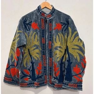 Sujani Purple <b>Velvet</b> Mandarin Collar Breathable <b>Jacket</b> with Hand Embroidered Floral Pattern Full Sleeve Autumn Women's Outerwear - Product Image 3