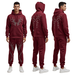 Ensemble de survêtement de luxe en molleton de coton avec strass, coupe ample, couleur bordeaux, le plus vendu - Product Image 3