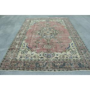 Turkish Vintage Rug, 7x9.4 ft Large Rug, <b>Red</b> Blue Polka dot <b>Wool</b> Rug - Product Image 1