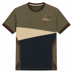 T-shirt décontracté pour homme, gris et noir, avec blocs de couleur et broderie géométrique sur les panneaux latéraux, personnalisable, vente en gros - Product Image 3