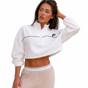 Sweat-shirt court zippé personnalisé pour femme, à manches longues, col montant, bordure contrastante, pull décontracté, coupe ample, style mode - Product Image 2