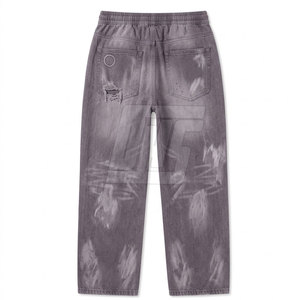 Ripped Distressed <b>Trousers</b> For <b>Men</b> Washed Cotton Drawstring Pants Casual Relaxed Streetwear Fit Fashion Bottoms - Product Image 2