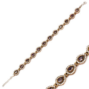 Bracelet plaqué oxydé turc authentique avec des bijoux en argent en pierre CZ d'améthyste en forme de goutte de poire - Product Image 1