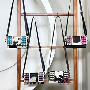 New Personalize 2025 Checkered <b>Board</b> Pattern Women Hand Tooled Leather Crossbody Wallet Genuine Cowhide Long Card Holder Handbag - Product Image 1