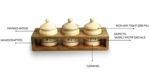 Art Of Warli Ensemble de pots à cornichons et chutney en céramique multi-usages avec support en bois Ensemble de 3 pots à condiments en céramique non hermétiques - Product Image 4